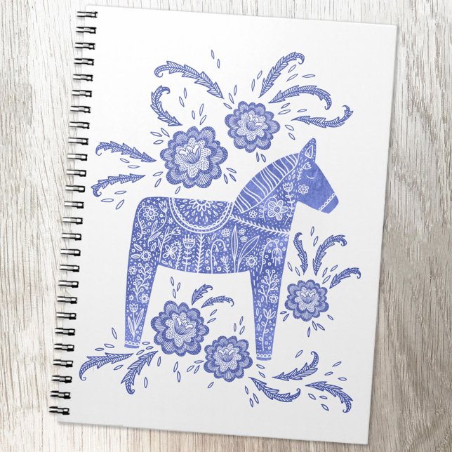 Swedish Dala Horse Blue & White Folk Art Notebook Notizblock (Swedish Dala Horse blue and white Scandinavian style notebook)