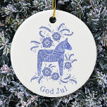 Swedish Dala Horse God Jul Blue White Keramik Ornament<br><div class="desc">Festlich blau-weiße Gemälde eines schwedischen Dala Pferdes. Ändern oder entfernen Sie den Gott Jul Gruß zu anpassen. Originelle Kunst von Nic Squirrell.</div>