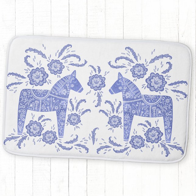 Swedish Dala Horse Indigo Blue and White Bath Mat Badematte (Swedish Dala Horse blue and white folk art bath mat)