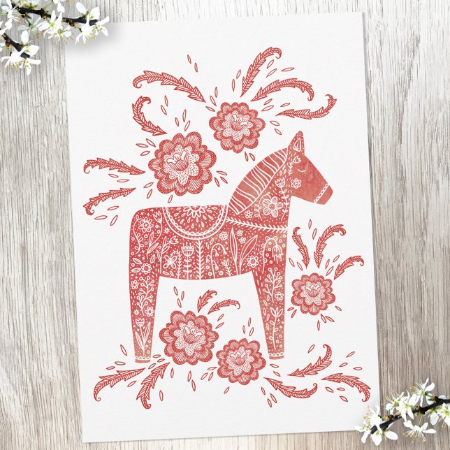 Swedish Dala Horse Red and White Danke Card (Swedish Dala Horse red and white folk art Thank You cards)