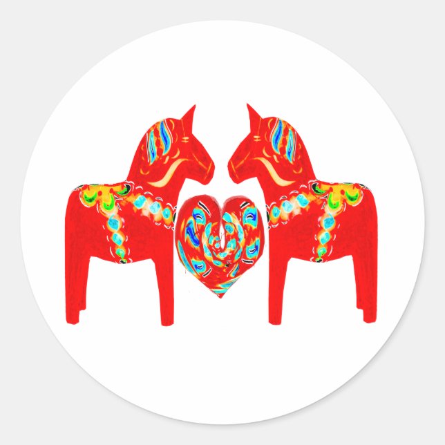 Swedish Dala Horses w Heart Runder Aufkleber (Vorderseite)