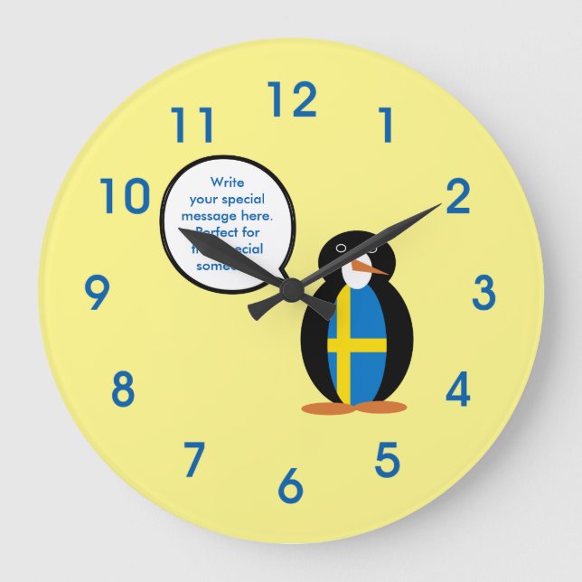 Swedish Flag Talking Ms Penguin Große Wanduhr (Vorderseite)