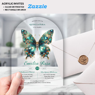 Sweet15 Butterflies QUINCEANERA Aquamariner Golddi Acryleinladungen