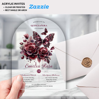 Sweet15 Butterflies QUINCEANERA Burgundy Diamond Acryleinladungen