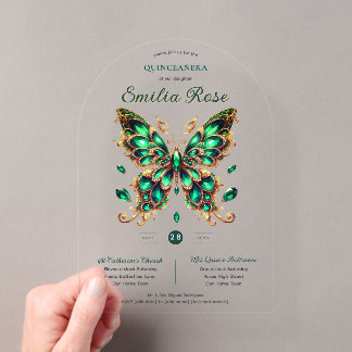 Sweet15 Butterflies QUINCEANERA Emerald Green Gold Acryleinladungen