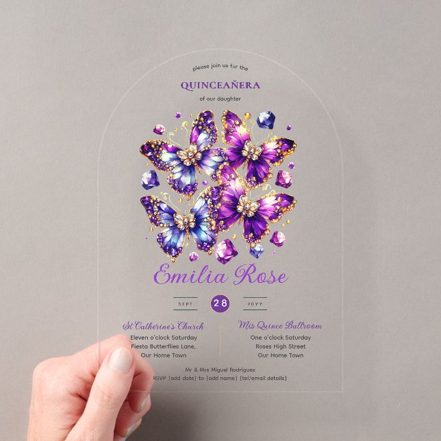 Sweet15 Butterflies QUINCEANERA Lila Blue Gold Acryleinladungen (Insitu (Handheld))