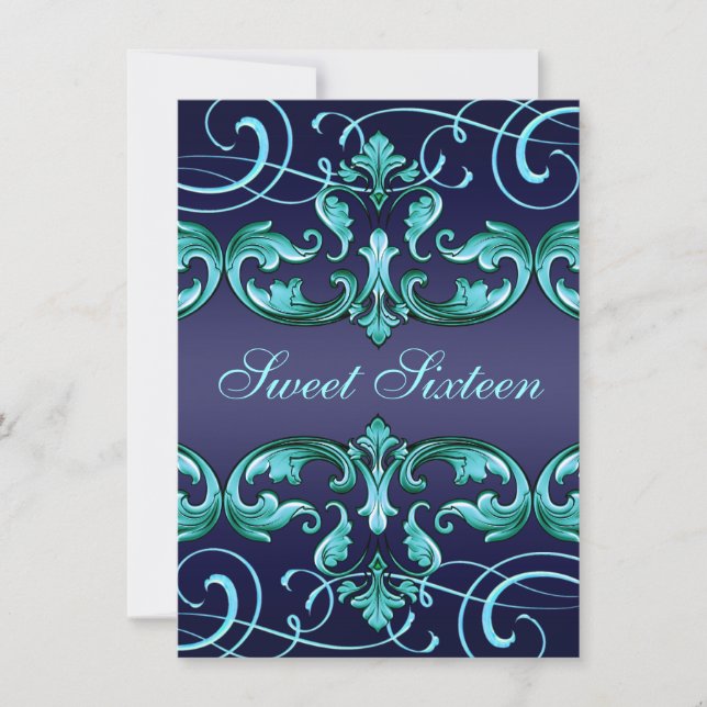 Sweet16 Dark Blue Damask & Tiara Birthday Einladun Einladung (Vorderseite)