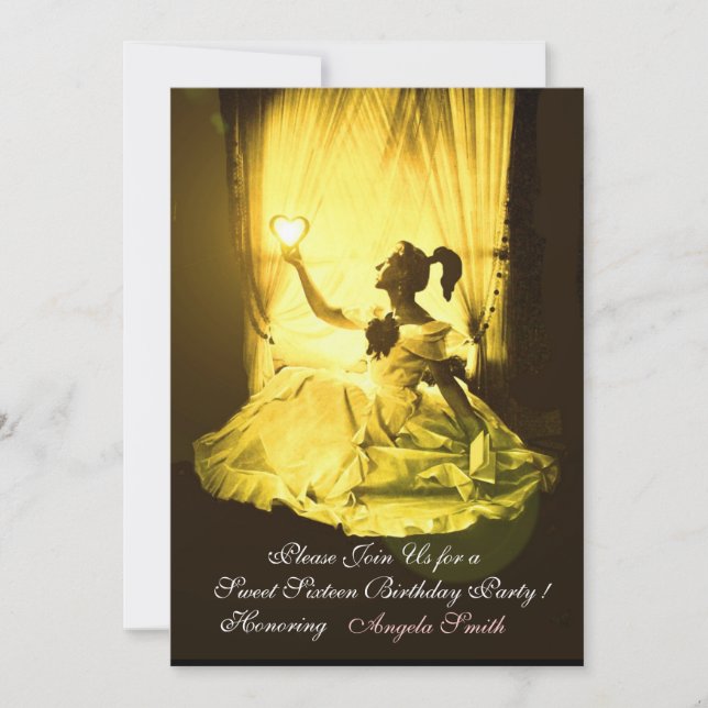 SWEET16 GEBURTSTAG PARTY YELLOW BLACK DAMASK Gold Einladung (Vorderseite)