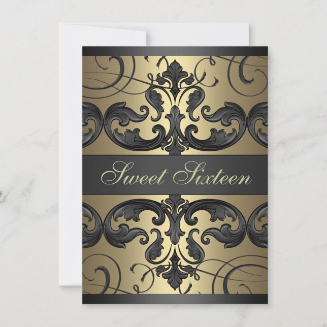 Sweet16 Gold/Black Damask & Tiara Einladung zum Ge (Vorderseite)