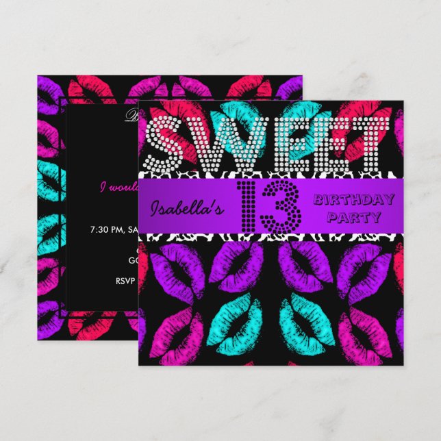 Sweet 13 13. Geburtstag Lippen Kuh Lila Einladung (Vorne/Hinten)