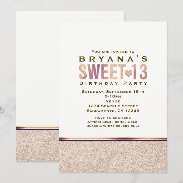 SWEET 13 Faux Rose Gold Champagne Party Invitation (Devant / Derrière)