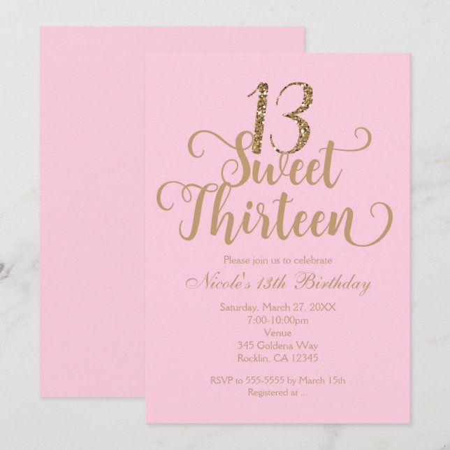 Sweet 13 Pink & Gold Anniversaire Invitations (Devant / Derrière)