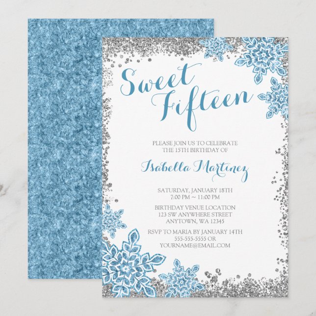 Sweet 15 Glam Winter Wonderland Silver Blue Einlad Einladung (Vorne/Hinten)