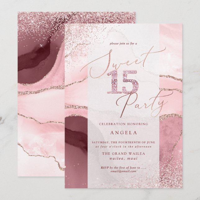 Sweet 15 Pink Diamond Glitzer Aquarellfarben Agate Einladung (Vorne/Hinten)