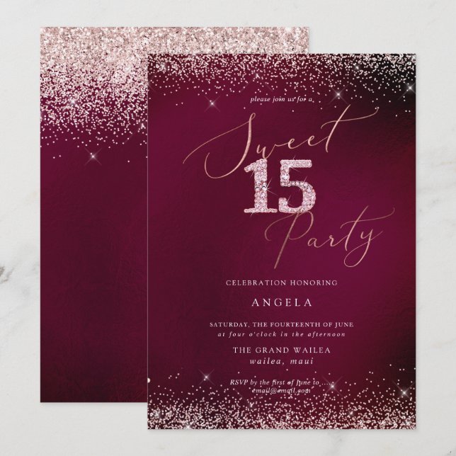 Sweet 15 Pink Diamond Glitzer Burgundy Einladung (Vorne/Hinten)