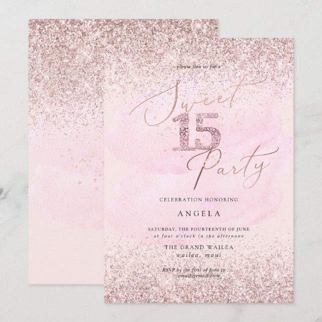 Sweet 15 Pink Diamond Glitzer Wasserfarbe Einladung (Vorne/Hinten)