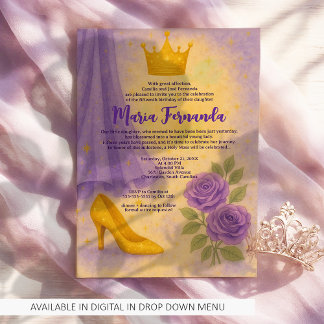 Sweet 15 Royal Quinceañera Gold Crown Lila Kleid Einladung