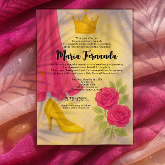 Sweet 15 Royal Quinceañera Gold Crown Pink Dress Einladung