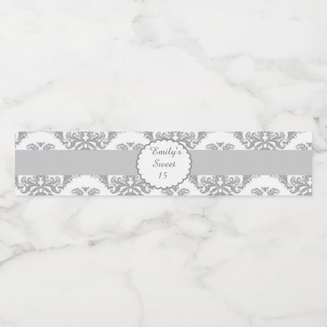 Sweet 16 15 Bouteille Étiquette Argent gris Damas (Étiquettes simples)