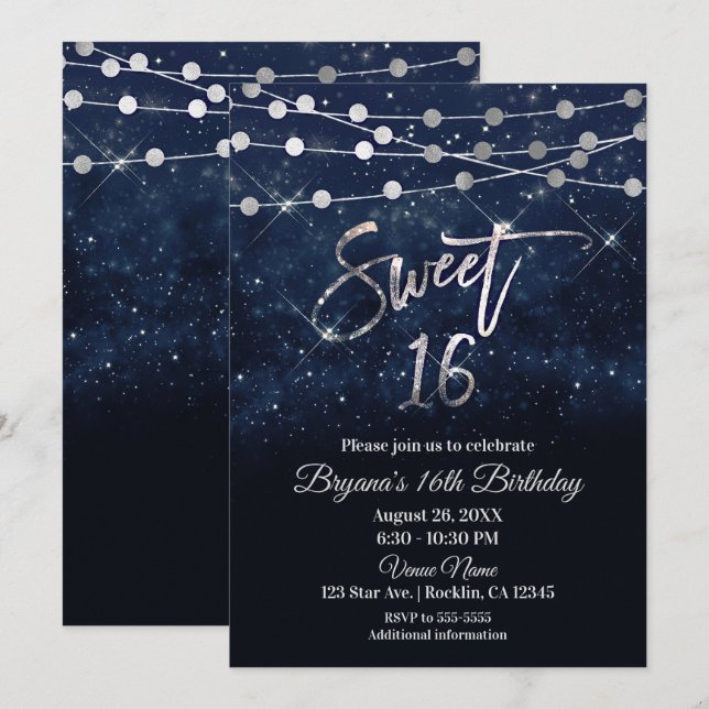 Sweet 16 16 16 blaue & silberne Funkelleuchten Einladung (Vorne/Hinten)