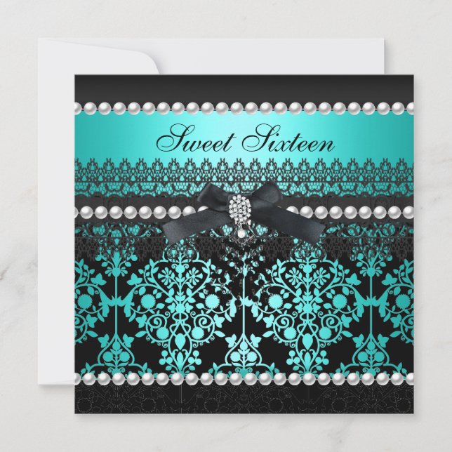Sweet 16 16 Aquamarin Black Pearl Lace Damask Einladung (Vorderseite)