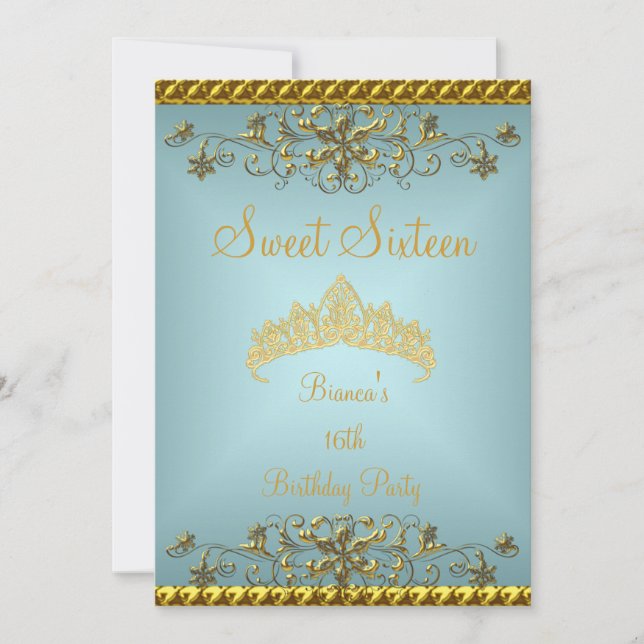 Sweet 16 16. Aquamarin Blue Gold Diamond Tiara Einladung (Vorderseite)