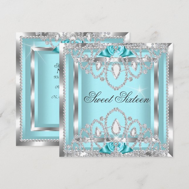 Sweet 16 16 Aquamarin Blue Silver Diamond Party 2I Einladung (Vorne/Hinten)