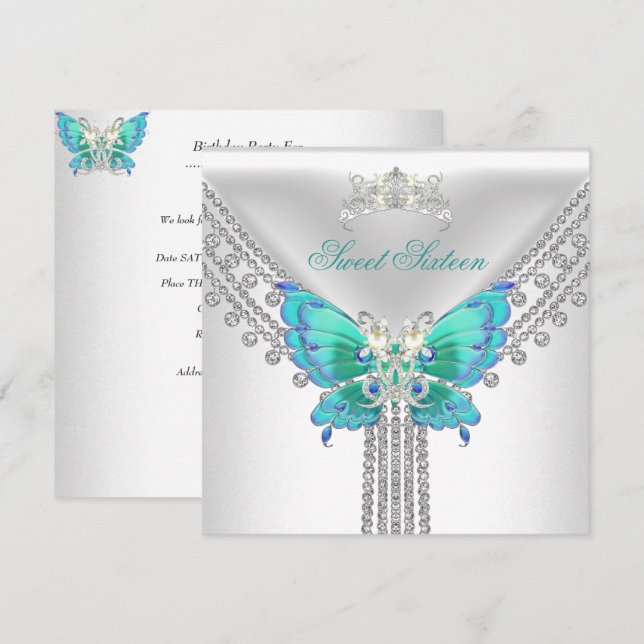 Sweet 16 16 Aquamarin Blue White Butterfly Einladung (Vorne/Hinten)