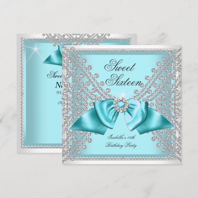 Sweet 16 16 Aquamarin Blue White Diamond Party 3c Einladung (Vorne/Hinten)