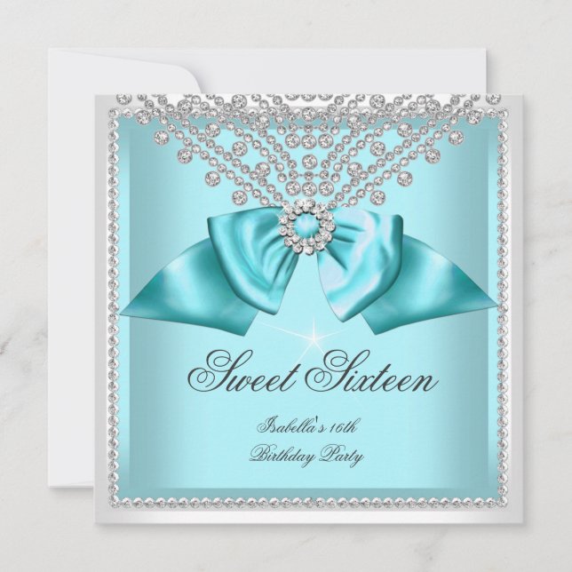 Sweet 16 16 Aquamarin Blue White Diamond Party 3d Einladung (Vorderseite)