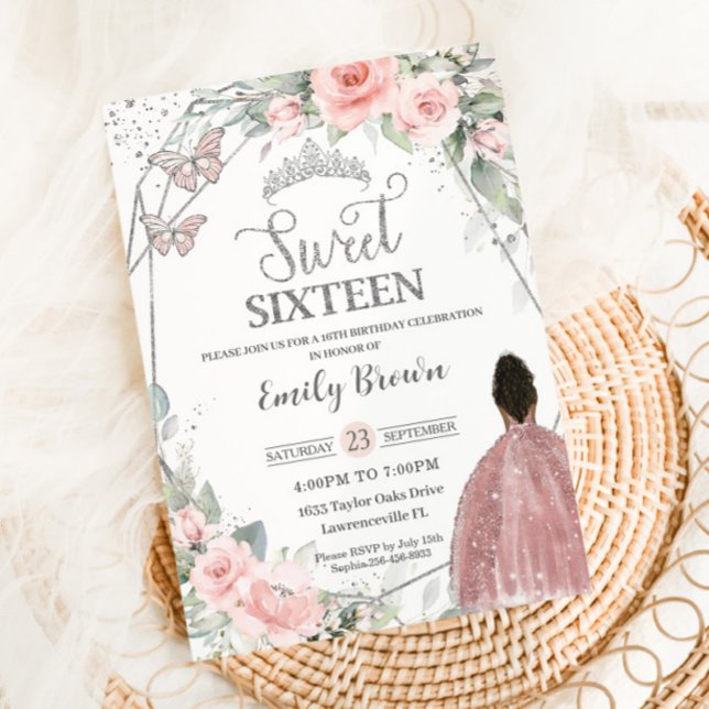 Sweet 16 16 Birthday Blush Bloral Brown Girl Einladung (Von Creator hochgeladen)