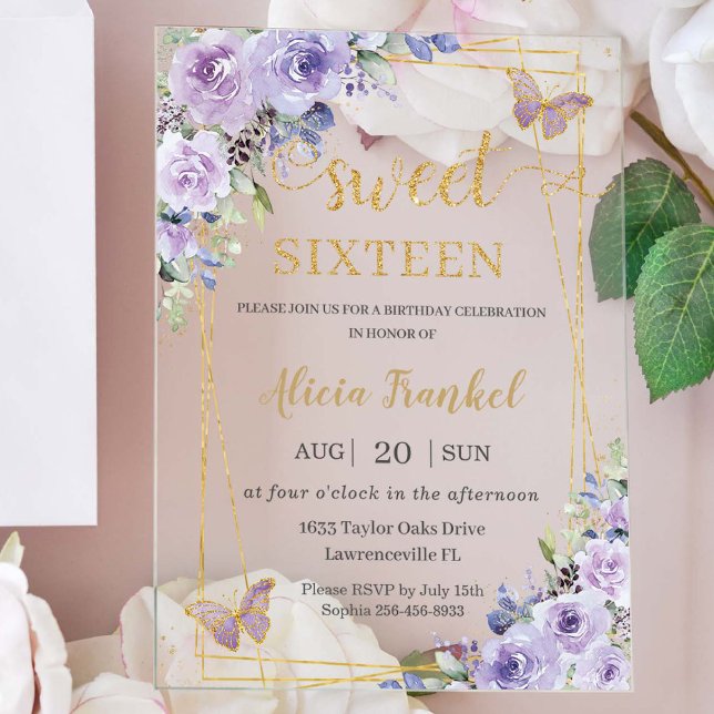 Sweet 16 16 Lila Lilac Floral Butterfliegen Acryleinladungen (Von Creator hochgeladen)