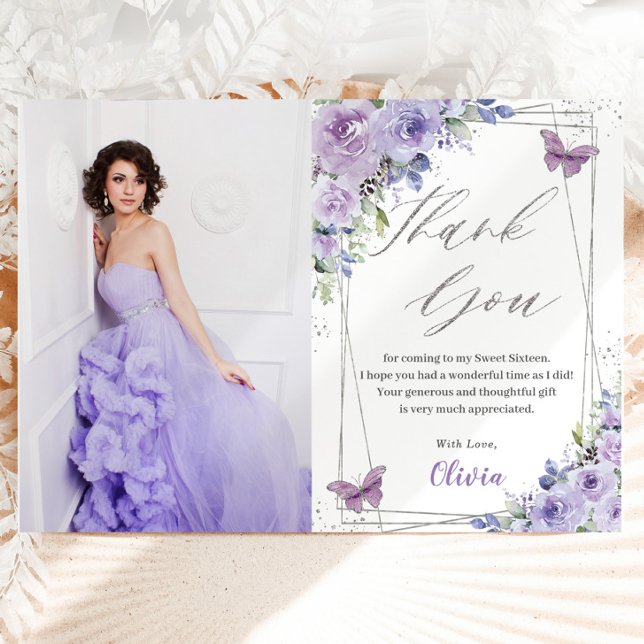 Sweet 16 16 Lila Lilac Floral Butterfliegen Dankeskarte (Von Creator hochgeladen)