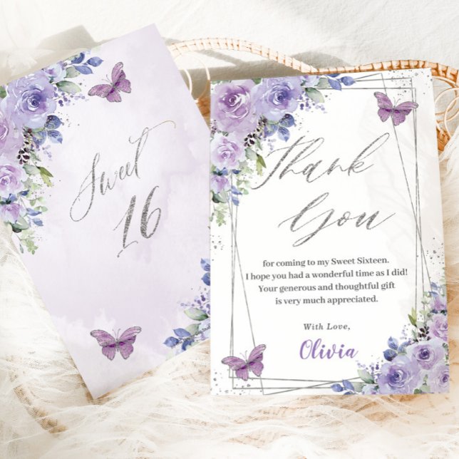 Sweet 16 16 Lila Lilac Floral Butterfliegen Dankeskarte (Von Creator hochgeladen)