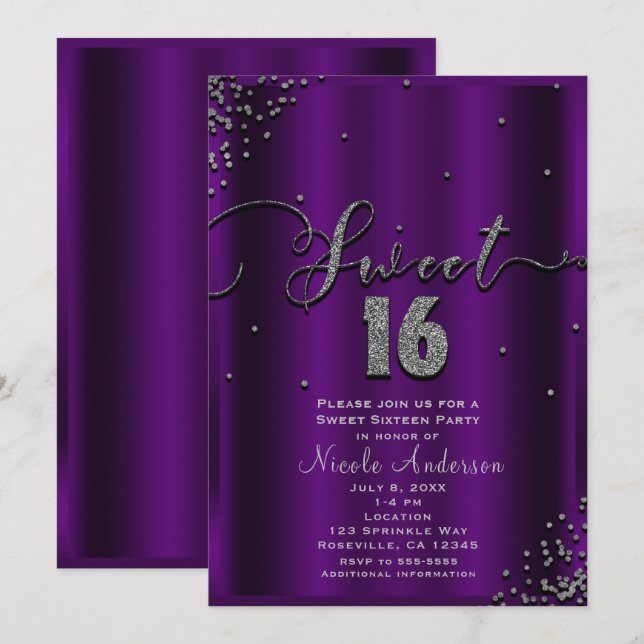 SWEET 16 16 Lila- & Silberkonfetti-Ecken Einladung (Vorne/Hinten)