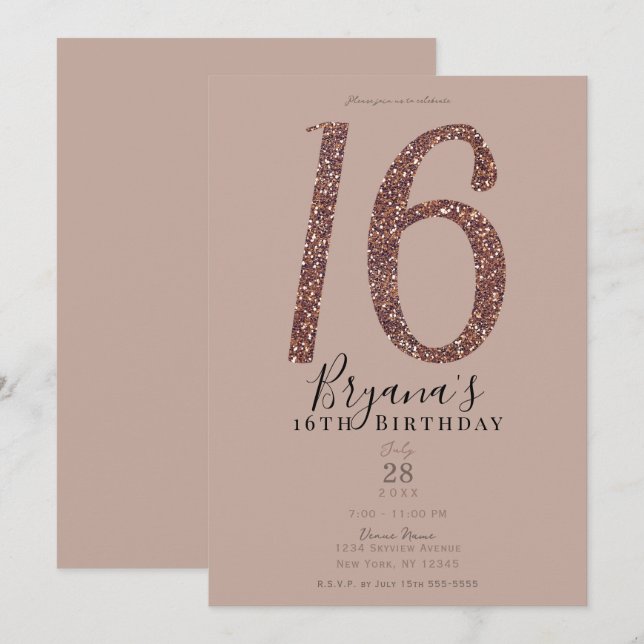 Sweet 16. 16 Party Pink Blush Rose Glitzer Einladung (Vorne/Hinten)