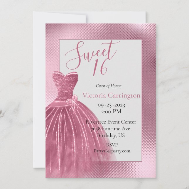 Sweet 16 16 Rosa Glitzer Kleid Elegantes Party  Einladung (Vorderseite)