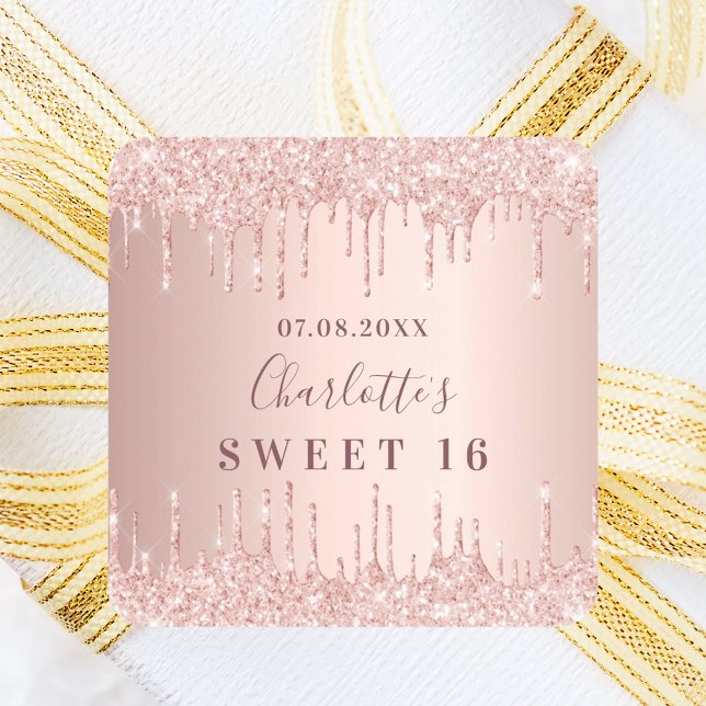 Sweet 16 16. Rose Gold Glitzer Monogramm Quadratischer Aufkleber (Von Creator hochgeladen)
