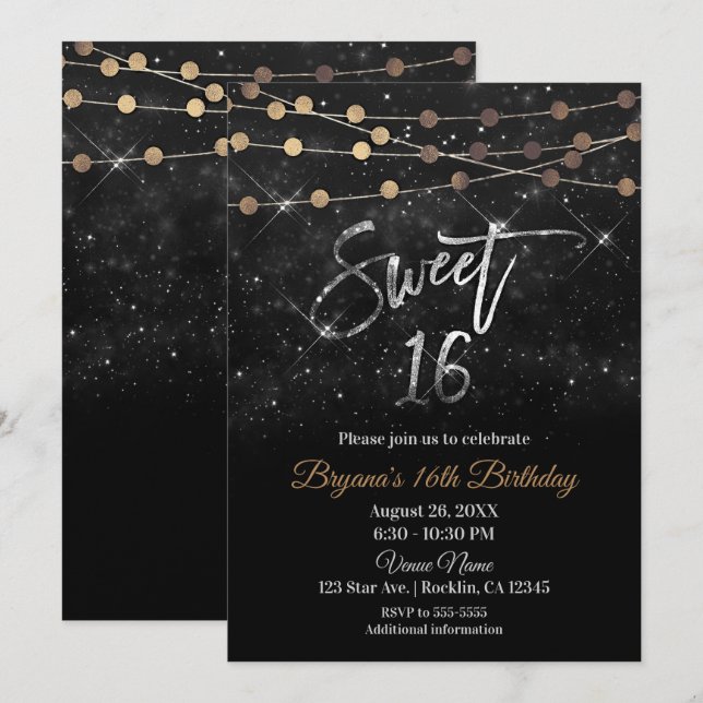 Sweet 16 16 Schwarz Silber Gold Glühbirnen Einladung (Vorne/Hinten)