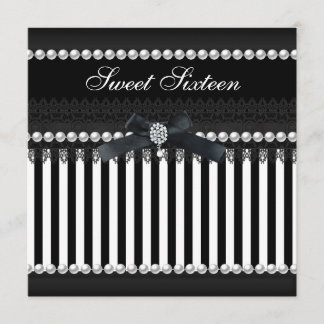 Sweet 16 16 Schwarz-weiß Stripe Pearl Lace Einladung