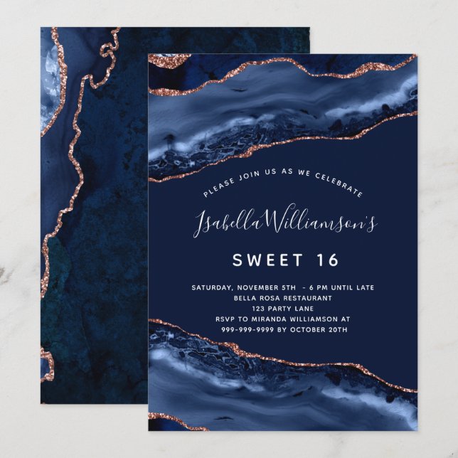 Sweet 16 agate Marmor Marmor Blau Rose Gold Einladung (Vorne/Hinten)
