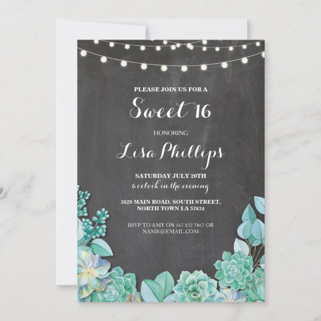 Sweet 16 Anniversaire Chalk Succulents Invitation  (Devant)