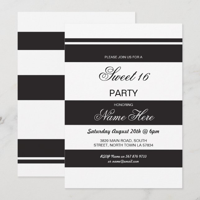Sweet 16 Anniversaire Frappe Noir Blanc Invitation (Devant / Derrière)