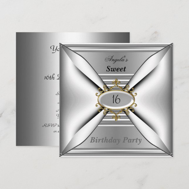Sweet 16 anniversaire Invitation Chrome Blanc (Devant / Derrière)