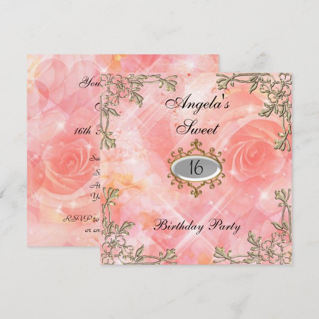 Sweet 16 anniversaire Invitation Fleurs roses (Devant / Derrière)