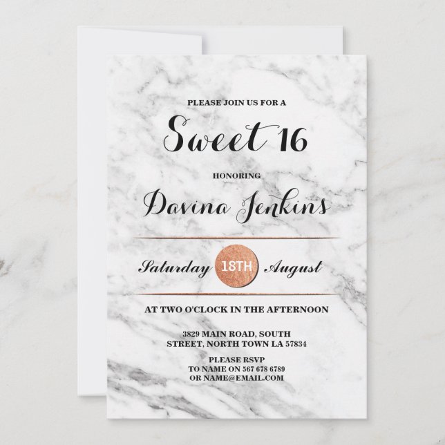 Sweet 16 Anniversaire Marble Rose Gold Invitation  (Devant)