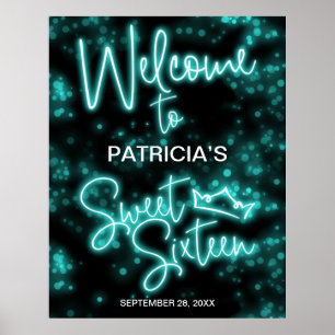 Sweet 16 Anniversaire Turquoise Neon Affiche de bi