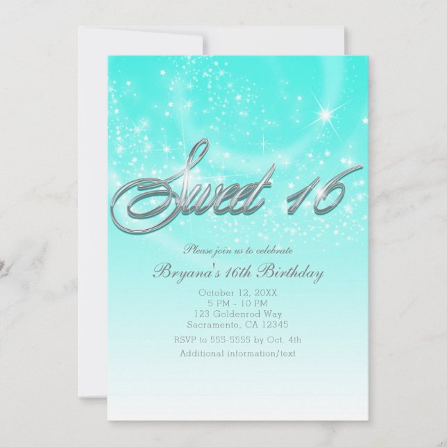 SWEET 16 Aqua Blue & Silver Sparkle Stars Party Einladung (Vorderseite)