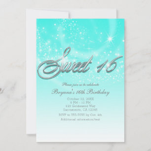 SWEET 16 Aqua Blue & Silver Sparkle Stars Party Einladung