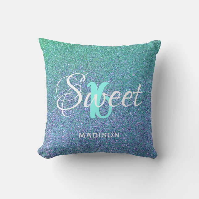 Sweet 16 Aquamarin Aqua Glitzer Sparkle Personalis Kissen (Vorderseite)